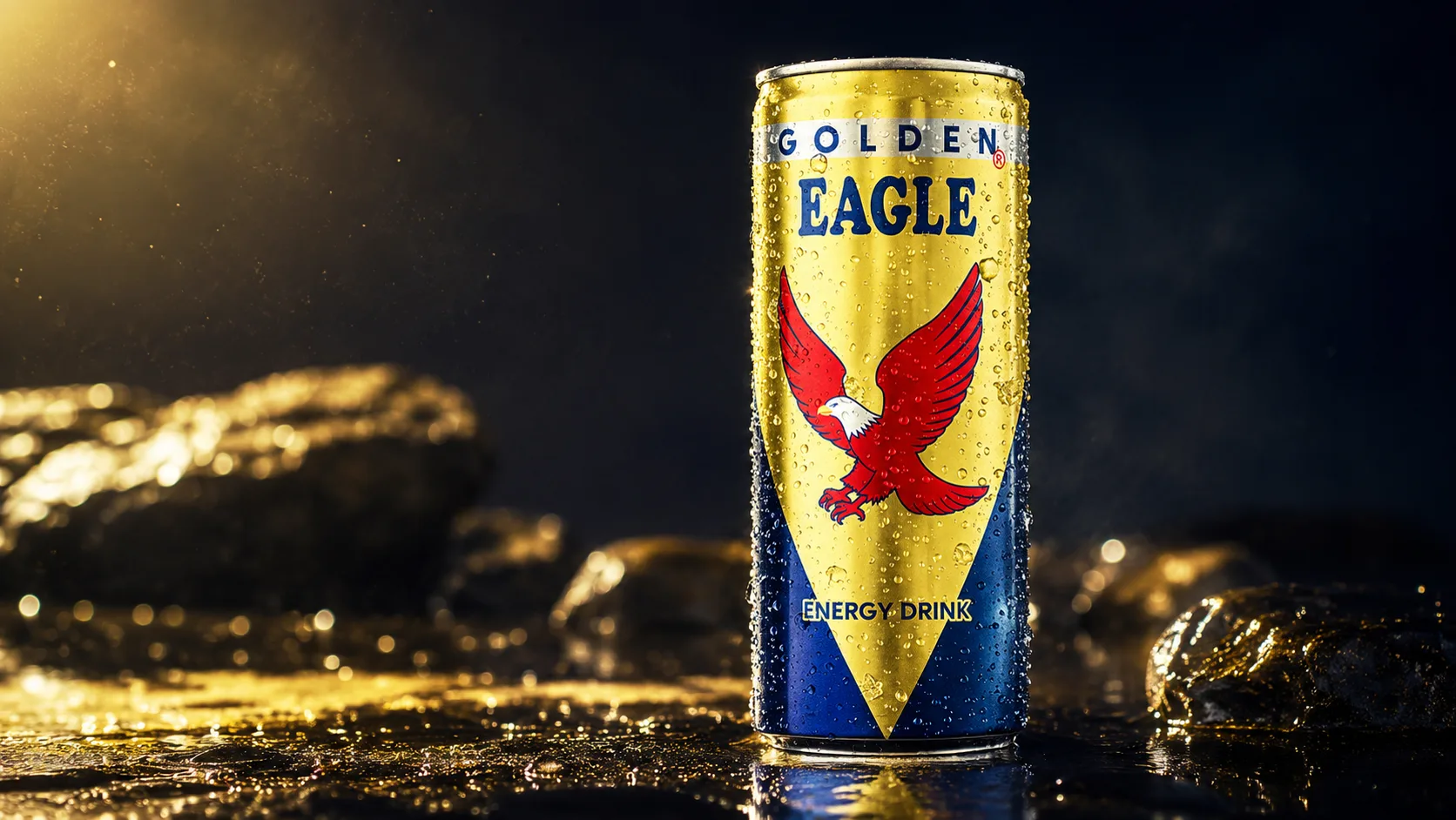 Golden Eagle Original can, beaded with condensation, standing on wet stone under warm golden light