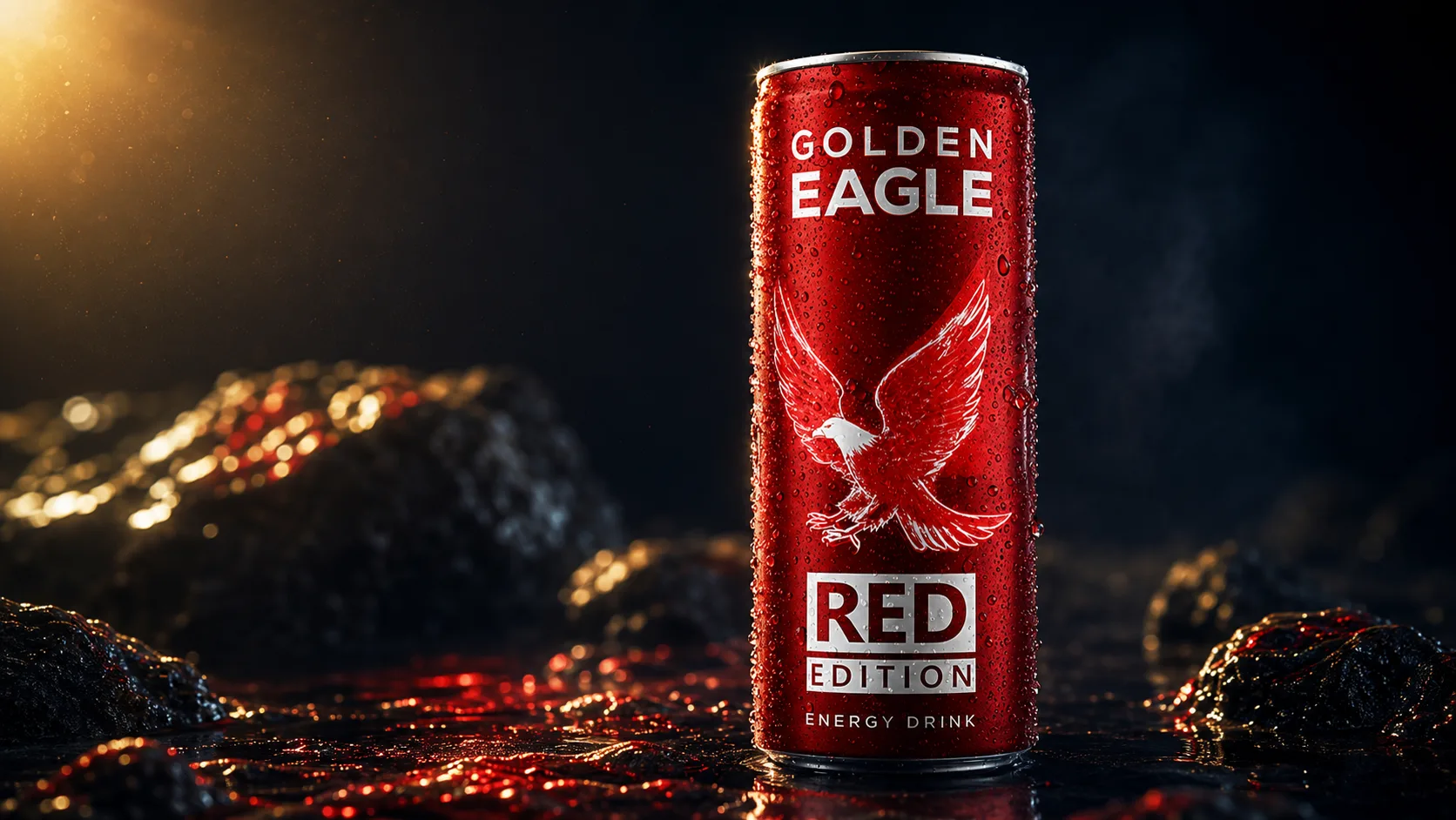 Golden Eagle Red Edition can lit gold on dark wet stone